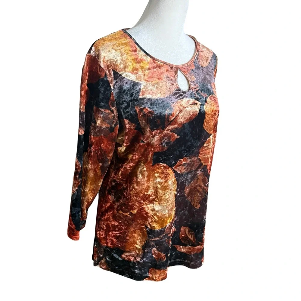 Velvet Velour Top Womens M Autumn‎ Leaves Keyhole Stretch Dressy Blouse